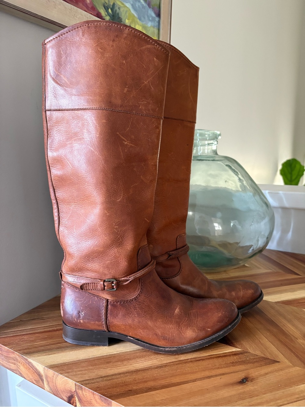 Frye Tall Leather Riding Boots in Cognac Brown